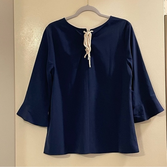 TOMMY HILFIGER Butterfly Sleeve Top Tie Back Blouse in Navy - Picture 2 of 4